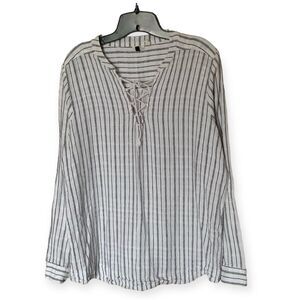 BKE Eased Black and White Striped Long Sleeve Cotton Tunic with Tie Size Large